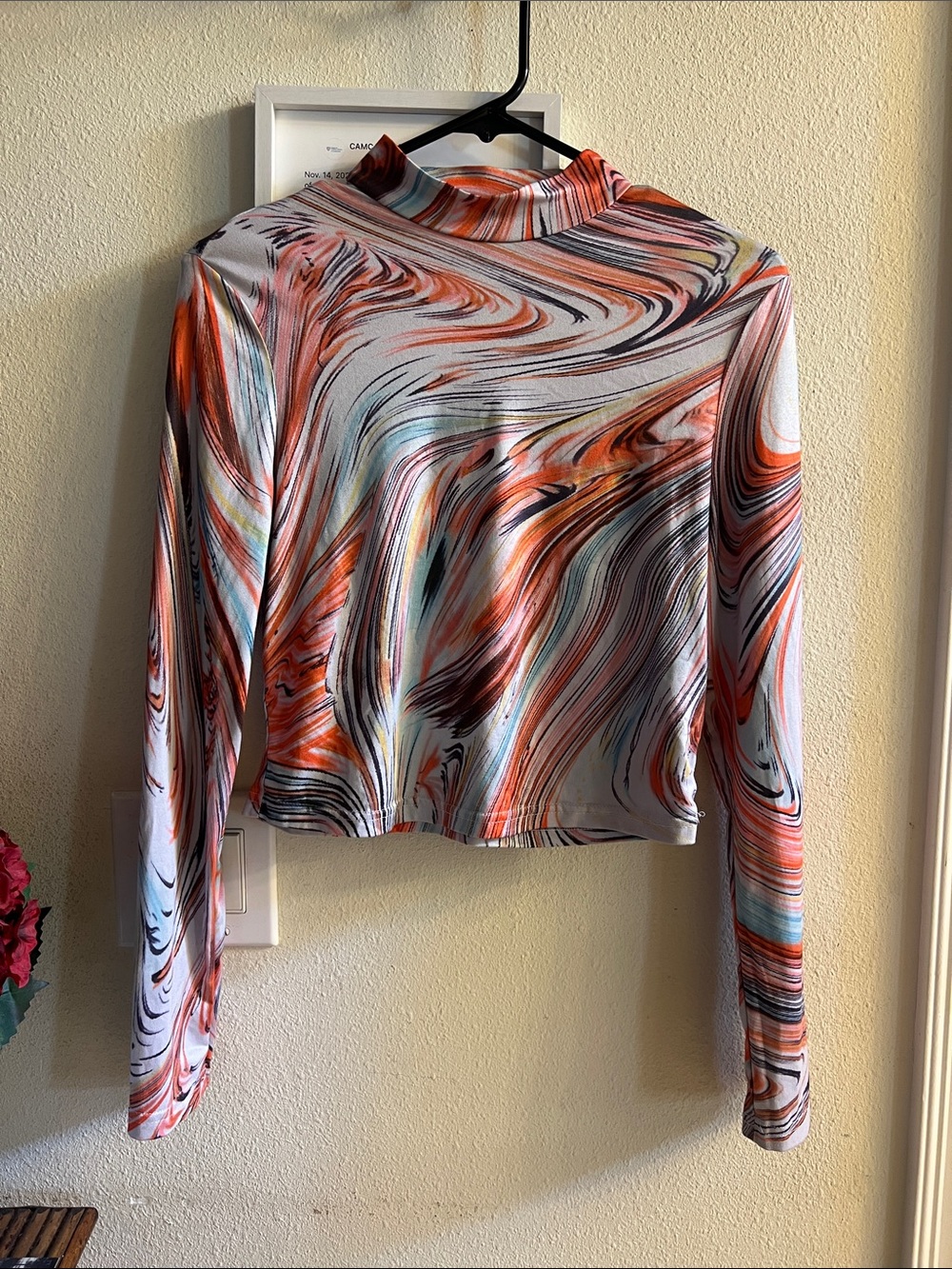 Women’s Long Sleeve Marble-Print Mock Neck Top — Orange Multi